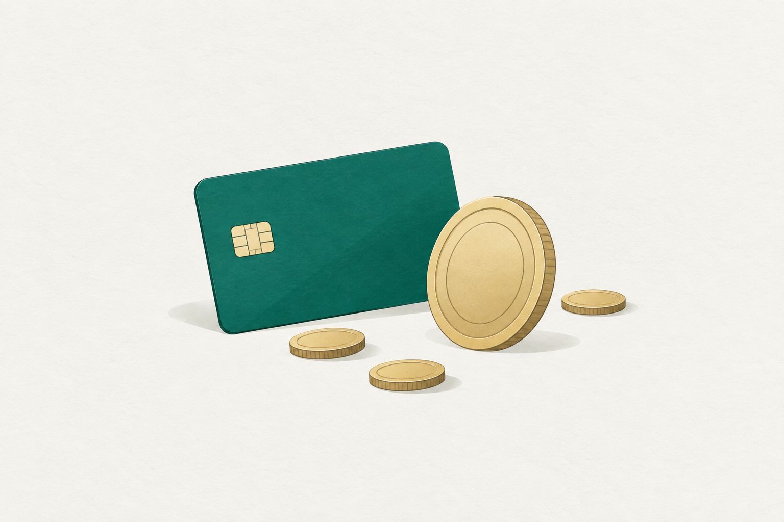 Eine grüne Zahlungskarte neben einer großen, schlichten Goldmünze, die auf dem Rand steht, ringsum ein paar kleinere Münzen.