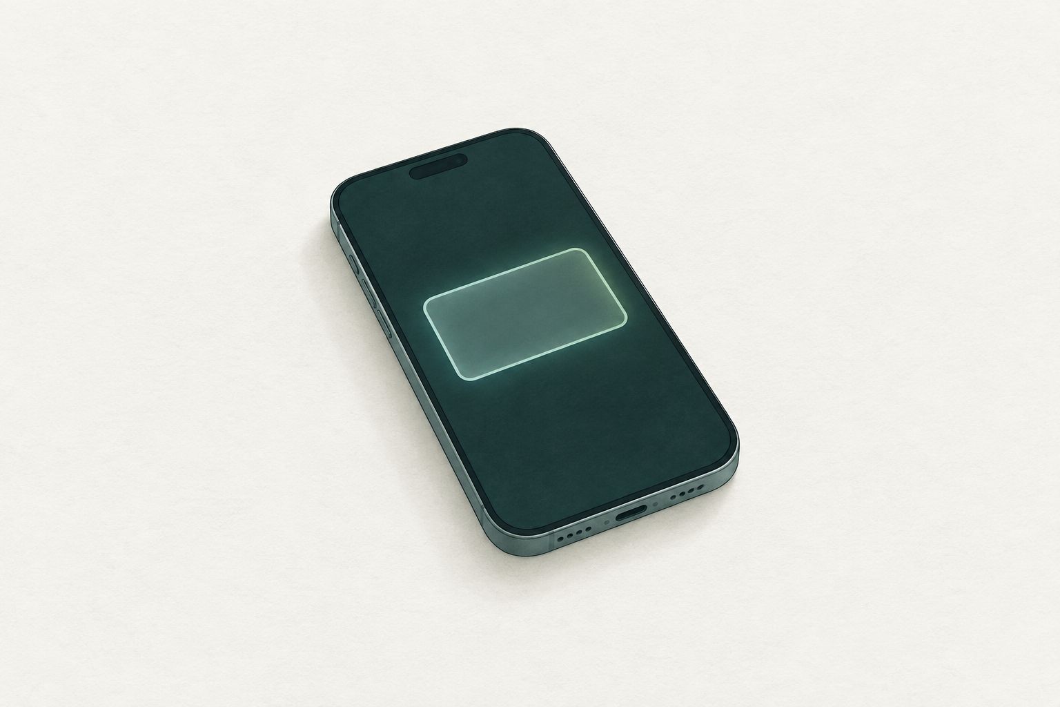 Ein flach liegendes Smartphone, dessen dunkler Bildschirm den leuchtenden Umriss einer Zahlungskarte zeigt.
